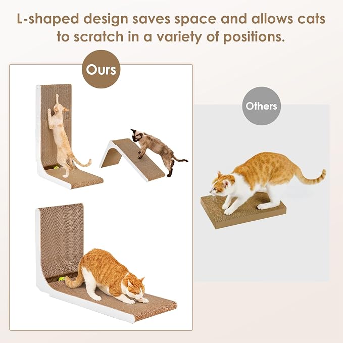 EHEYCIGA Cardboard Cat Scratcher for Indoor Cats, 32 Inch, White | L Shaped Scratching Post, Vertical Cat Scratching Board with Ball Cat Toy, Furniture Protector, Extra Large Cat Scratch Pad - Image 4