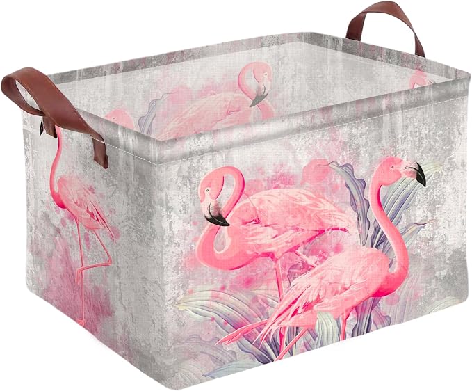 Flamingo Storage Basket Waterproof Canvas Toy Storage Bin Home Flamingo Decor Collapsible Outdoor Basket with Leather Handles Flamingos Gifts Blanket Baskets For Closets,Bedrooms,Bathroom by AmazerPad