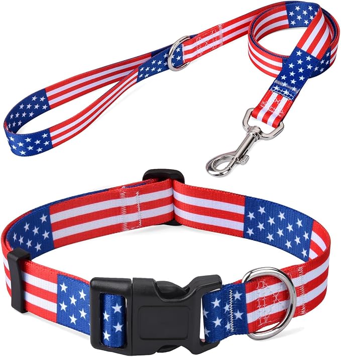 Mihqy Dog Collar and Leash Set, Classic US American Flag Set, XS | Adjustable for Small Dogs Puppy Cats, Patriotic, US Flag Pattern, Star & Stripes, Fourth of July Dog Collar by Mihqy