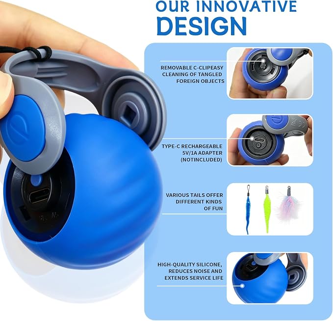 Interactive Cat Toy Ball - Automatic Moving Cat Ball for Indoor Cats with 3 Tails, Rechargeable Silent Kitten Toy for Boredom & Exercise, Rolling Ball Toy with 2 Modes & 2 Speeds. - Image 5