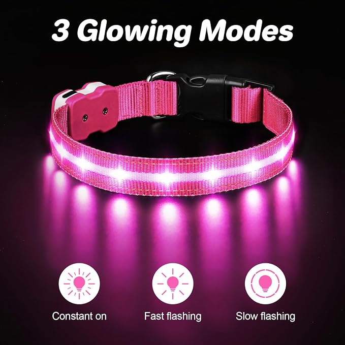 PcEoTllar Light Up Dog Collar, Glow in The Dark for Night Walking, Pink, M | Led Dog Collar for Night Walking, 3 Flashing Mode, USB Charge, For Small Medium Large Dogs, Waterproof, Durable Material - Image 2