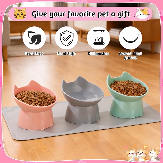 3 Pcs Elevated Cat Bowls 15°Raised Cat Food Bowl with Silicone Mat Pink | Whisker Friendly Anti Vomiting Cats Dishes Pet Food and Water Bowls for Indoor Cats Kittens - Image 3