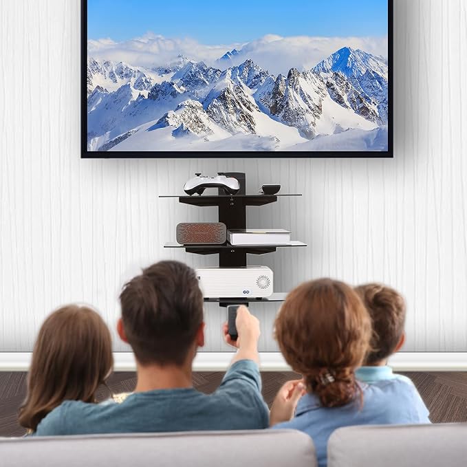 WALI Floating TV Shelf, 3 Tier Glass Projector Shelf for DVD Players, Routers, Game Consoles, Cable Boxes, Living Room Decor Accessories, Wall Mount Shelves Holds Up to 17.6lbs(CS303B), 3-Shelf, Black - Image 2