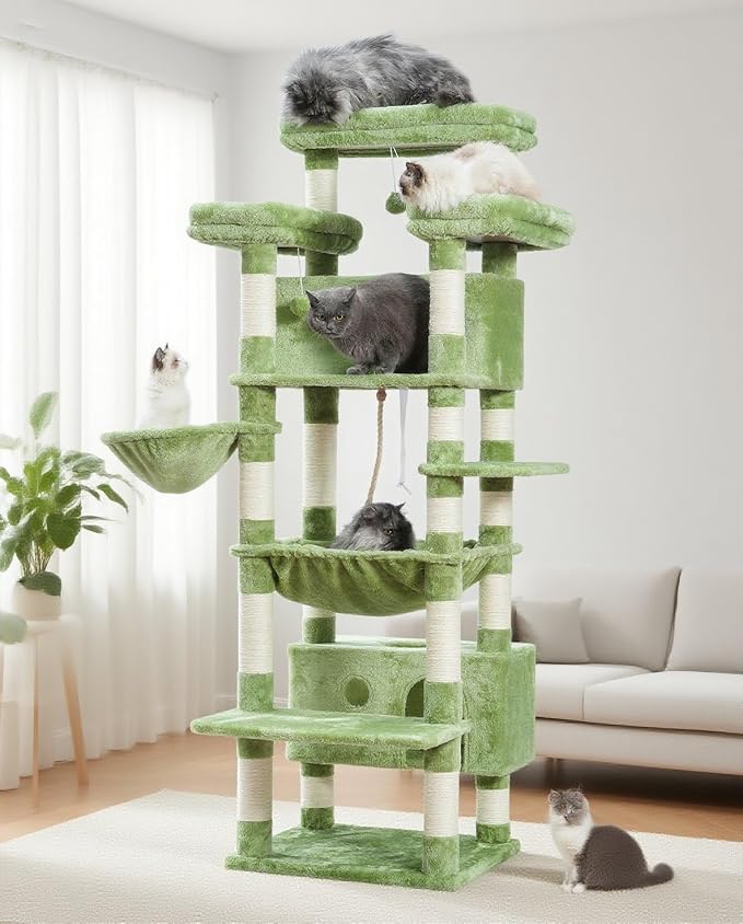 Cat Tree, 74" Tower for Large Cats, Big Condo Hammock CCT030GR | Heavy duty, 3 Big Platforms, 2 Baskets, 2 Condos, Multi-Level Scratching Posts, Indoor Cats Large Adult 20 lbs+, Green by Gitelnour