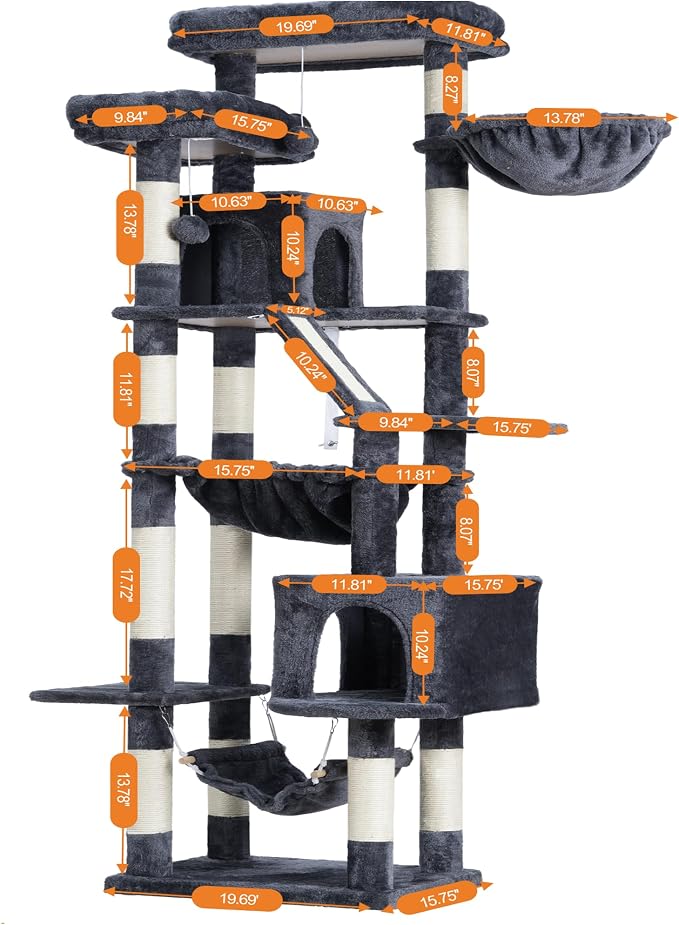 Heybly Cat Tree, 71-Inch-Tall Tower for Indoor Cats with 2 Perches HCT034G | Large Cat Furniture with 2 Big Condos, 2 Hammocks, Basket, Scratching Pad, Multi-Level Cat Condo, Smoky Gray - Image 2