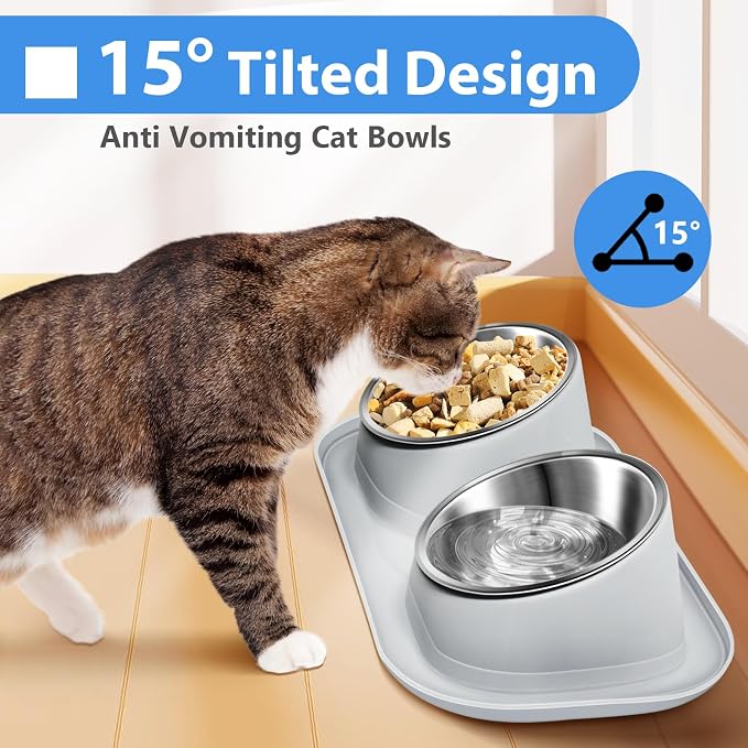 Ant Away Stainless Steel Elevated Cat Bowls with Stand - Tilted Anti Vomiting, Double Food and Water Bowl Set (Grey, 16 Oz) - Image 3