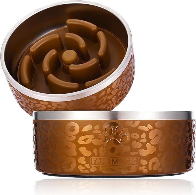 FAHRMOSIS 32 Oz Dog Bowl with Slow Feeder Insert Stainless Steel Pet Water Bowl for Medium & Large Breed Non Slip Rubber Base & Plastic Puzzle Feeder - Gold Leopard by Fahrmosis