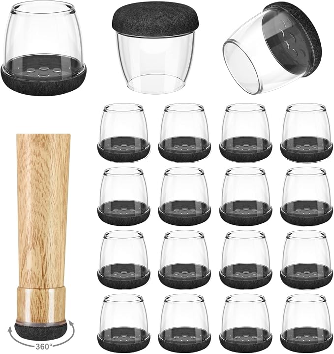 16 Pack Chair Leg Floor Protectors for Hardwood Floors, Round Rubber Furniture Sliders, 360°Felt Pad Bottom Wrapped Thickening Silicone Furniture Legs Caps Covers(Round,Clear-Black-L Plus) by Yarehand