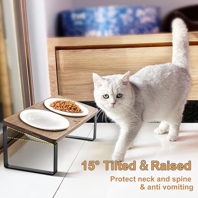 Sunhoo Ceramic Elevated Cat Bowls Raised Puppy Dishes for Food and Water Tilted Wooden Stand for Indoor Cats 5.5 inch Wide Double Dish Orthopedic Reduces Vomiting (Brown) - Image 4
