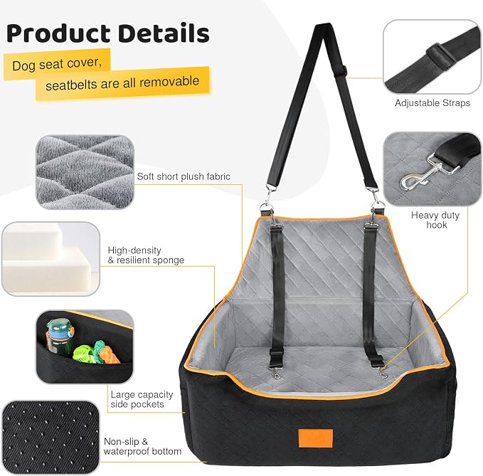XIEEAOZEE Dog Car Seat for Large/Medium Dog, Booster Seat for Dogs Under 55Lbs or 2 Small, Detachable and Washable Travel Pet Seat with Thick Cushion and Storage Pockets (Black/Gray) - Image 4