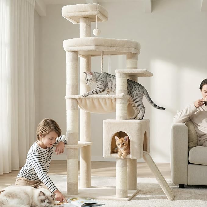 Heybly 64.2" Heavy-Duty Cat Tree for Large Cats with Wide Base HCT027M | Indoor Cat Tower with Scratching Posts & Board, Cat Furniture with Big Platforms, Extra-Large Hammock, Beige - Image 10