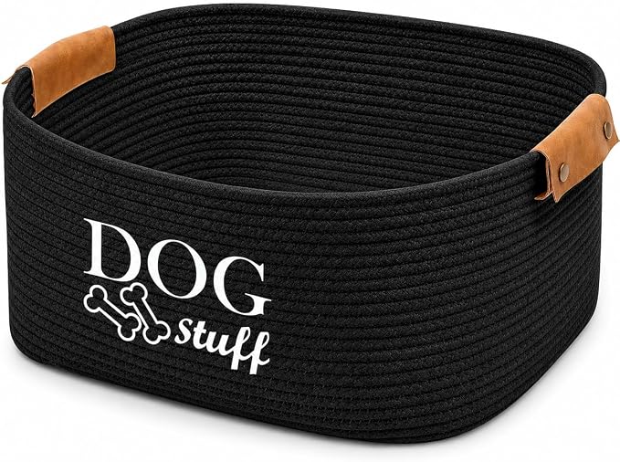 Geyecete Square Dog toy basket storage Cotton Rope Storage Basket Pet/Pet Toy And Accessory Storage Bin Doy Toy Box-Black by Geyecete