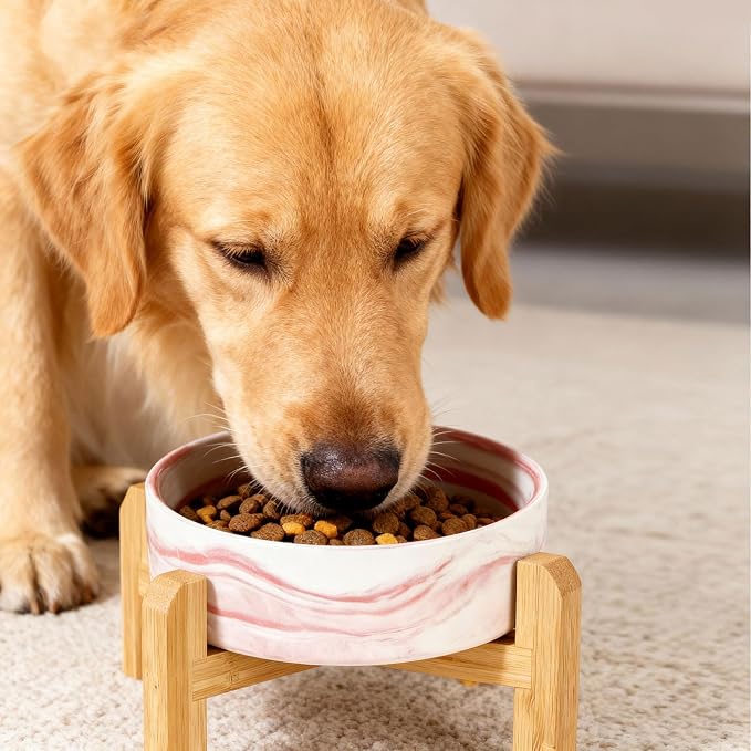 Elevated/Raised Ceramic Dog Bowl with Bamboo Stand,Marble Pattern 7 Inch 7.6 Cups Non Slip Heavy Weighted Single Pet Dish,Anti Tipping,Reduces Neck Strain Marble Pink - Image 7