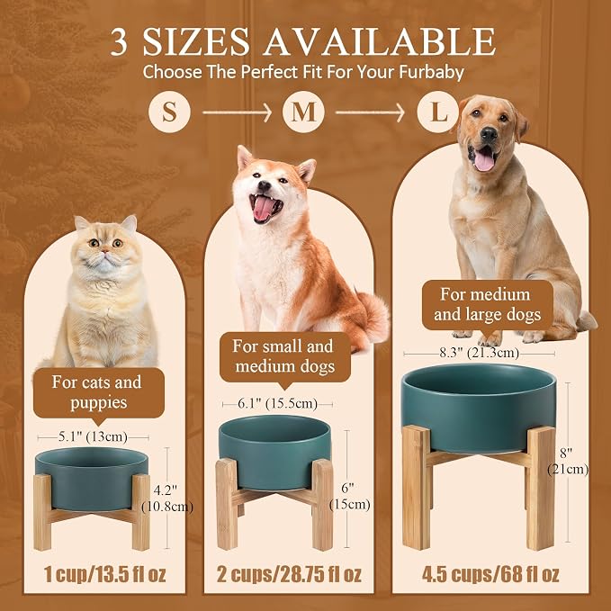 Ceramic Elevated Dog Bowl with Bamboo Stand, for Small & Medium Dog, Pink - Image 9
