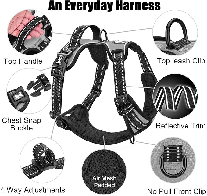 PoyPet No Pull Dog Harness Medium, Reflective Vest with Front Clip & Handle | Easy On/Off, No Choke, Adjustable, 2 Leash D-rings, Soft Padded, Breathable, Oxford, for Walking Training, M, Gray - Image 5