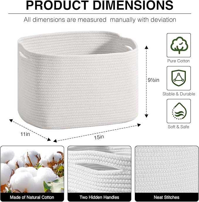 ICERZCZ Woven Cotton Rope Baskets for Gifts Empty, 15×11×9.5 Off White | Storage Baskets for Organizing, Cute Decorative Basket, Organizer Bins for Dog Toy, Baby Laundry, Gift, Nursery - Image 2