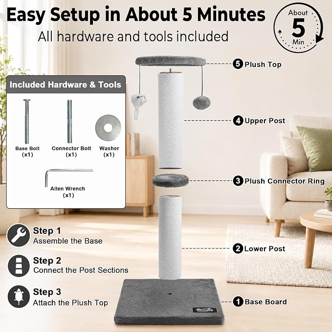 34-Inch Tall Cat Scratching Post for Large Cats, Stable Base, Gray | Heavy-Duty Cat Scratcher, Extra-Tall Thick Post, Soft Natural Cotton Rope, Hanging Interactive Cat Toys, Indoor Cat Furniture - Image 6
