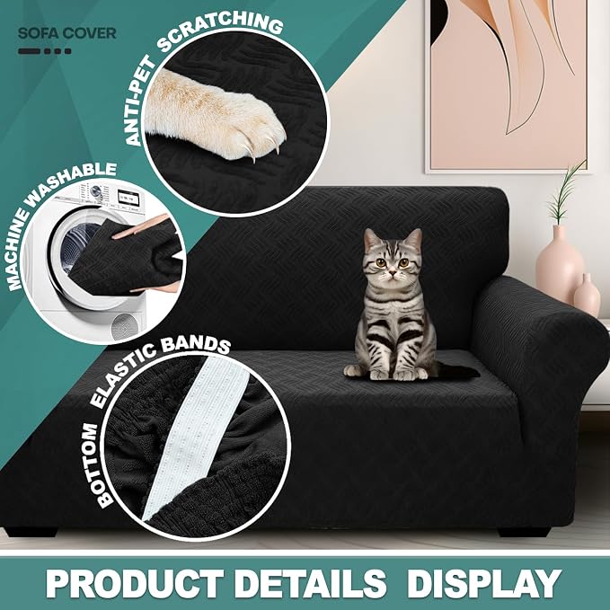 YEMYHOM Couch Cover Latest Jacquard Design High Stretch Extra Large Sofa Covers Pet Dog Cat Proof Oversized Slipcover Non Slip Magic Elastic Furniture Protector (X-Large, Leaf Patten Black) - Image 4