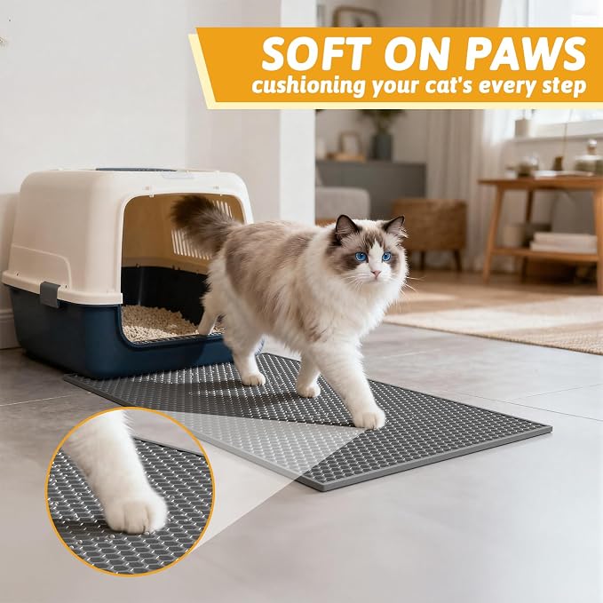 Pieviev Double Layer Cat Litter Mat Traps Scattered Litter 24''x15'' 2 Pack | Waterproof Urine Resistant Layer Litter Box Mat, Easy Collection, Soft on Kitty Paws, Gray Color for Indoor Cats - Image 5