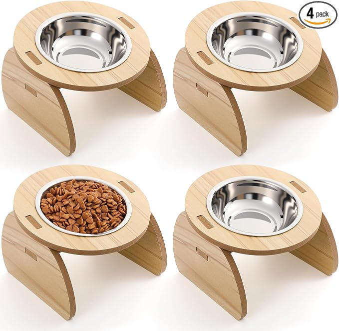 Blushtier 4 Pcs Elevated Stainless Steel Cat Bowls Bamboo Cats Feeding Station Stand, 15°Tilted 5.7 Inches Shallow Wide Raised Metal Cat Bowls for Pet Water Food Shelf Dishes for Indoor Cats Puppy by Blushtier