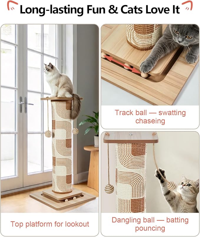 Odoland 31" Tall Large Cat Scratching Post with Replaceable Scratcher Pad | Natural Sisal, Solid Wood Base, Sturdy Durable Replaceable Pad, Interactive Track, Top Perch, Indoor Adult Cats Kitten - Image 5