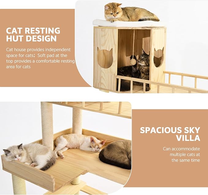 Corner Cat Tree for Automatic Litter Box, 6 Tier Cat Tower, 61''H | Wood Cats Tower for Self Cleaning Litter Box, Cat Tree for Indoor Adult Cats, Solid Wood Cat Furnitue w/12Pcs Scratching Post - Image 7