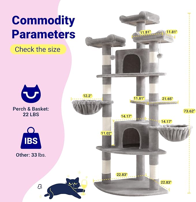 Allewie 73in Fan-Shaped Space-Saving Corner Cat Tower/Multi-Level Tall Cat Tree for Indoor Kitties/Cozy Baskets/Condos/House/Perches/Sisal Scratching Posts/Pet Activity Center/Grey - Image 7