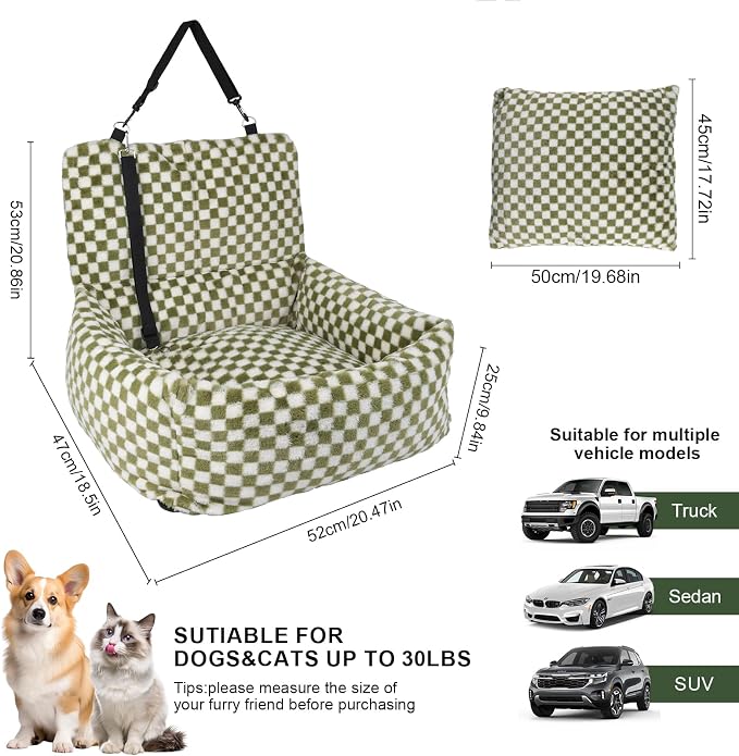 Dog Car Seat for Small Dogs,Medium Dog Car Bed with Detachable Washable Cover,Pet Puppy Booster Cars Seats with Safety Belt Up to 30 lbs(Grid Green) - Image 3