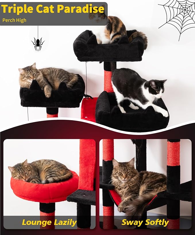 Gothic Cat Tree, 71 Inch Heavy Duty Cat Trees for Large Cats | Tall Cat Tree Tower with Extended Base, 2 Condos, 3 Perches, 9 Sisal Posts & Hammock for Indoor Adult Cats, Black Red - Image 3