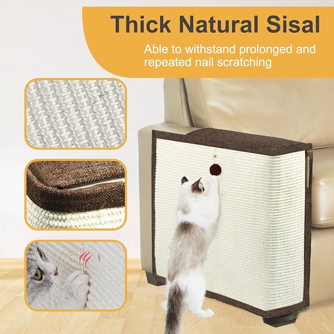 Upgraded Cat Scratch Furniture Protector,Cat Scratch Sofa Arm Sheild with 27.6’‘L*19.6’‘W Natural Sisal and Scratch Ball for Protecting Couch Sofa Chair Furniture (Brown/Right Handed) - Image 3