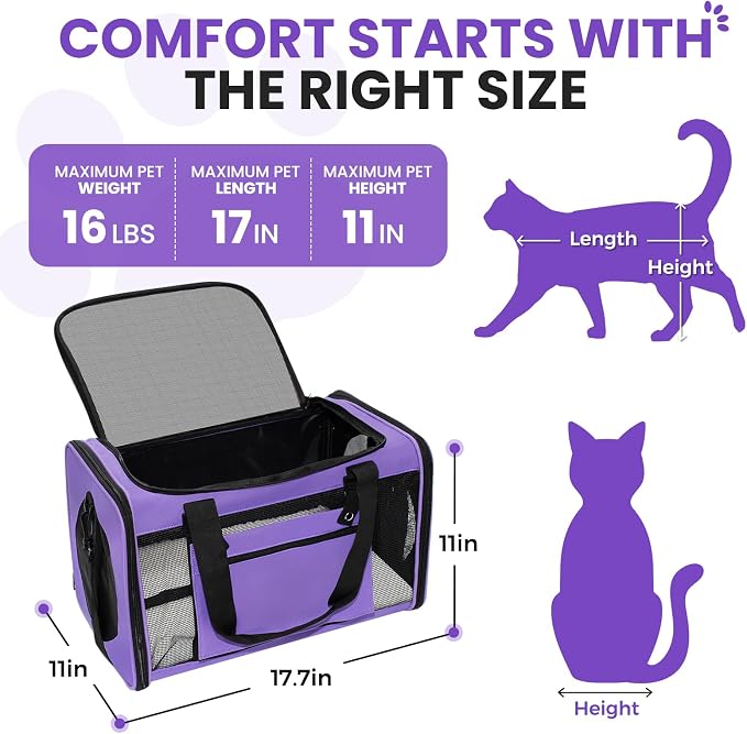 Soft-Sided Cat Carrier 18x11x11 in Expandable Travel Pet Bag 15LBS | For Cats and Small Dogs with Anti-Scratch Mesh Washable Mat Collapsible Escape-Proof Airline Approved with Shoulder Strap - Image 2