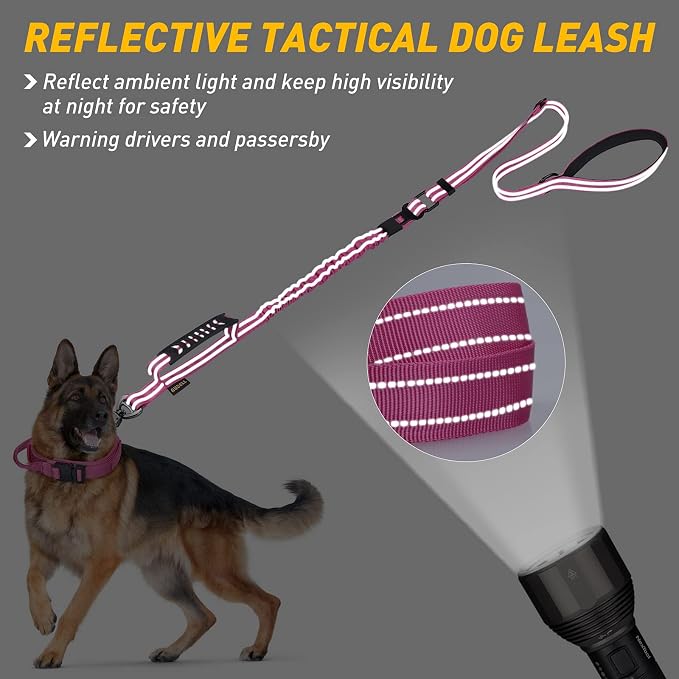 AUBELL Tactical Dog Leash Heavy Duty,4-6ft No Pull Bungee Leash,Pink | Reflective Dog Leash for Medium Large Dogs with Comfortable Padded Double Handle,Car Seat Belt,360 Degree Rotating Carabiner - Image 3