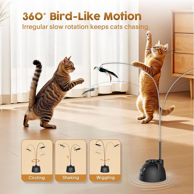 Interactive Cat Toys for Indoor Cats, 360° Automatic Spin Flying Bird Wand | 8cm Suction Cup & Weighted Base, Silicone-Protected Rod, USB Rechargeable with Replaceable Feather & Streamer Attachments - Image 3