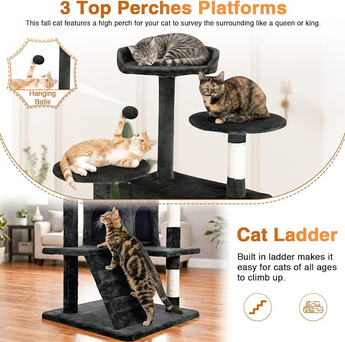 FDW | 54" Cat Tree Tower | Dark Gray | Multi-Level Indoor Activity Center | with Sisal Scratching Posts, Condos, Plush Perches, Hanging Cat Toys | Sturdy, Easy to Assemble | for Kittens & Adult Cats - Image 4