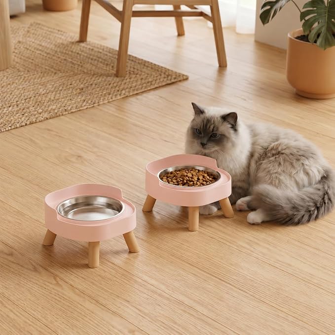 Elevated Cat Bowls, 2P Raised Cat Food and Water Bowl Set for Indoor Cats, Splash Proof with 2 Stainless Steel Pet Food Bowls for Cats ＆ Puppies, Whisker Friendly and Dishwasher Safe - Pink - Image 7