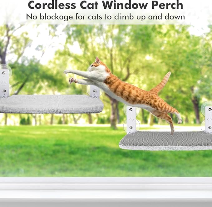 AMOSIJOY Cordless Cat Window Perch, Cat Hammock for Wall with 4 Suction Cups, Solid Metal Frame and Reversible Cover, Foldable Cat Beds for Indoor Cats - Image 8