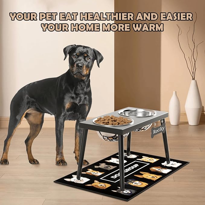 ADENGL Metal Raised Dog Bowl Stand for Large and Medium Dogs, Elevated Dog Bowls with Sprill Proof Mat ＆ Slow Feeder, Pet Food Bowls 10" Tall Dogs Feeder (58OZ-Stainless Steel Pet Bowl, Mat-16x24in) - Image 4
