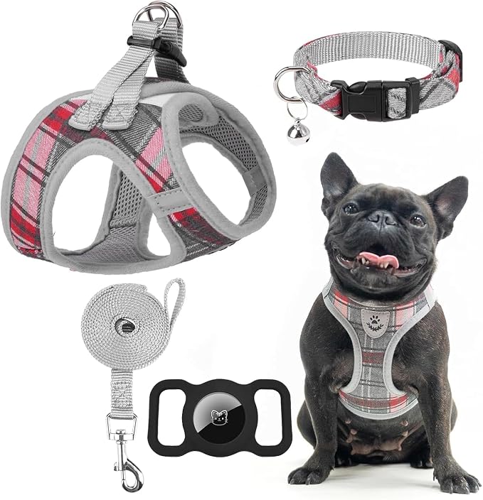 Classic Plaid Puppy Harness - Small Dog Harness and Leash Set - Dog Collar and Leash Set with AirTag Holder, Soft Padded Step in Dog Vest Harness No Pull Reflective for Outdoor, Grey XXS - Image 8
