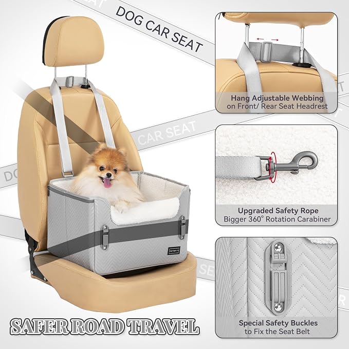 PETSFIT Dog Booster Car Seat, Waterproof PU Leather Dog Car Seats for Small Dogs with Patent Safe Buckles, Clip-On Leash, Pet Car Seat for Small Pets Up to 25lbs (Cool Grey) - Image 2