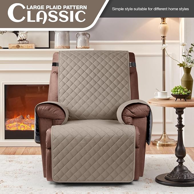 KinCam 100% Waterproof Recliner Chair Covers Washable, 23.6", Taupe | Anti Slip Reclining Couch Covers for Pets Dog, Recliner Sofa Slipcover Storage Pocket, Furniture Protector with Elastic Strap - Image 2