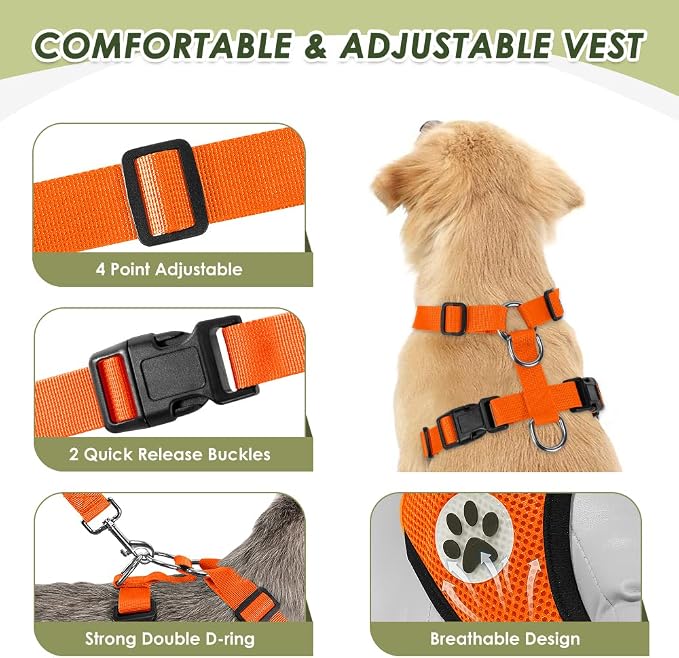 Lukovee Dog Car Harness Seat Belt, Harness & Seatbelt with 2 in 1 Buckle | Adjustable Soft Breathable Mesh Harness, Reflective Elastic Reflective Tether, for Small Medium Large Dogs Pets (Orange, XS) - Image 4