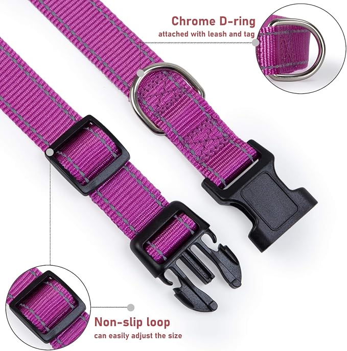 Reflective Dog Collar, Puppy Collar with Buckle Adjustable, Purple L | Breathable Nylon Collars for Small Medium Large Dogs, No Chafing on Walks and Outdoor Hikes, Metal D-Ring, Night Safety - Image 3