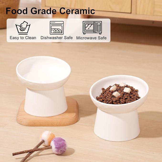 YauYik Ceramic Raised Cat Bowls, Elevated Tilted Cat Food and Water Bowls Set, Stress Free Pet Feeding Dish for Indoor Cats and Small Dogs, Anti Vomiting, White, 2 Pack - Image 5
