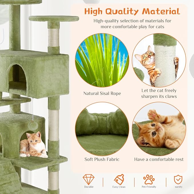 Sweetcrispy 54-inch Cat Tree Tower with Scratching Posts, Indoor Use | Multi-Level Indoor Cat Tree Condo with Climbing Ladder, Plush Toy, Play House for Kitten, Green - Image 5