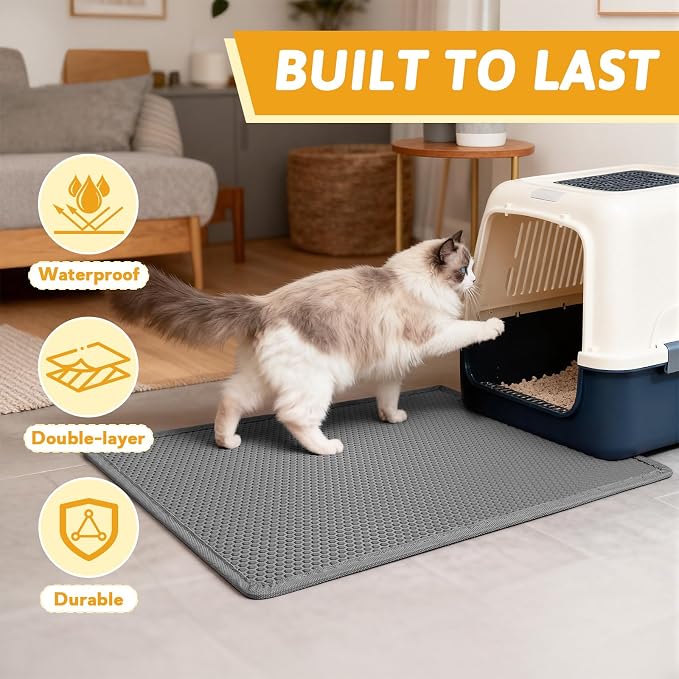 Pieviev Litter Box Mat, Double-Layer Urineproof Design, 30" x 24" Gray | Honeycomb Litter Trapping Mat Captures Scattered Particles to Stop Tracking, Waterproof Base Protects Floors, Easy to Clean - Image 7