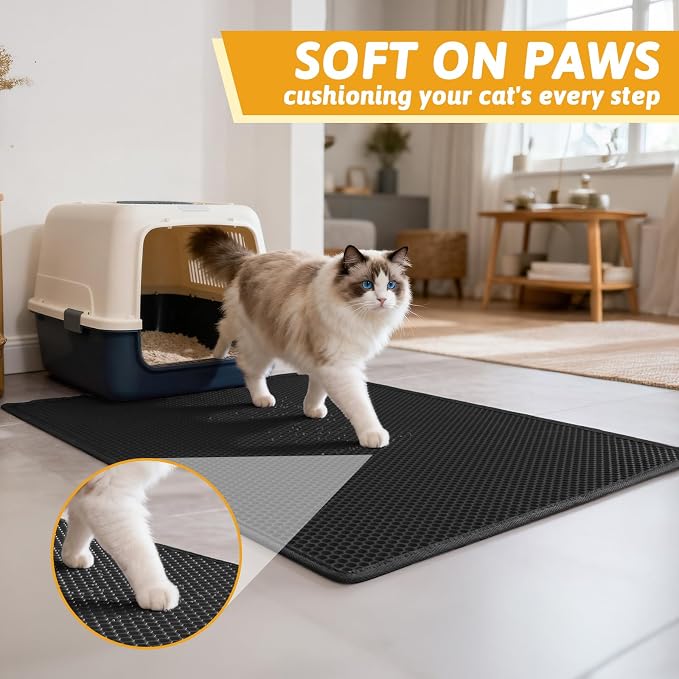 Pieviev Litter Mat, Double-Layer Waterproof Trapping Mat, 36" x 30" Black | Honeycomb Design Catches Scattered Particles to Stop Tracking, Urineproof Base Protects Floors, Easy to Clean - Image 4