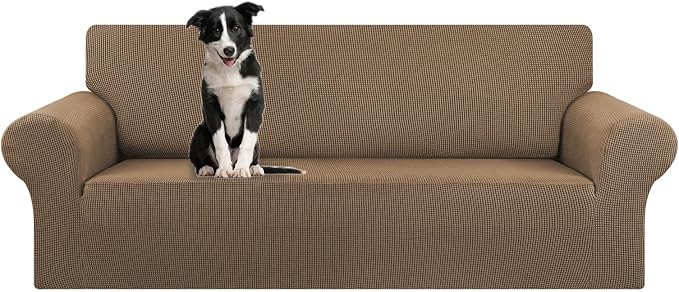 KEKUOU Stretch Oversized Couch Covers for Sofa Slipcover,Camel | 1-Piece Washable Sofa Cover (94"-110") 4-Seater Furniture Protector, Soft Jacquard Non-Slip Elastic Bottom for Dogs & Kids by KEKUOU
