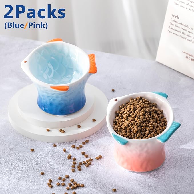 Tioncy 2 Pcs Raised Tilted Ceramic Cat Food Bowl Fish Shape Cute Elevated Slanted Shallow Angled Cat Dish Non Slip Feeder Bowl for Anti-Vomiting and Whisker Fatigue(Blue, Pink) - Image 6