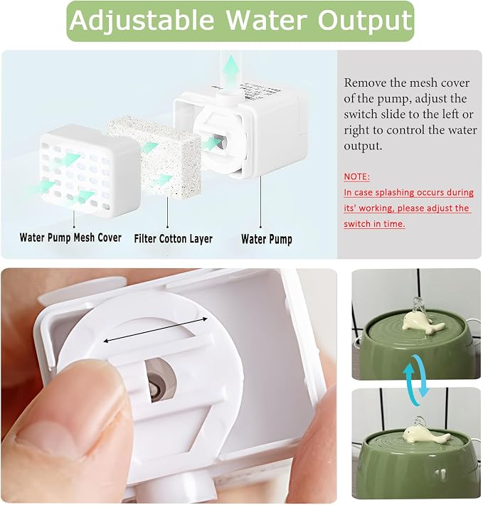 Ceramic Cat Water Fountain, 45oz/1.3L Green Pet Water Dispenser | Automatic Pet Water Bowl, Ultra Quiet Cat Water Fountain with Activated Carbon Filter, Perfect for Cats and Small Dog - Image 6