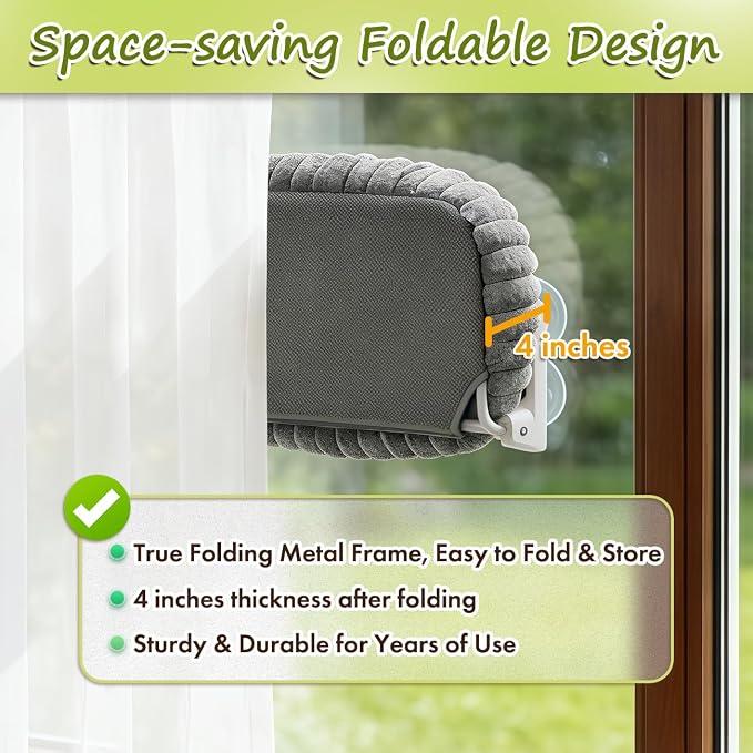 Zoratoo 2PC Cloud-Cuddle Cat Window Perch, Foldable Cat Hammock, M Grey | 2-in-1 Reversible Cover, Removable for Machine Wash, Stable Window Resting Seat with Large Suction Cups for Indoor Cats - Image 3
